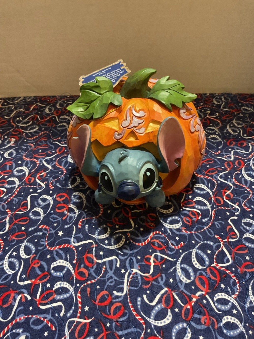 Jim Shore Blue Stitch Pumpkin Figurine with Orange and Green Accents